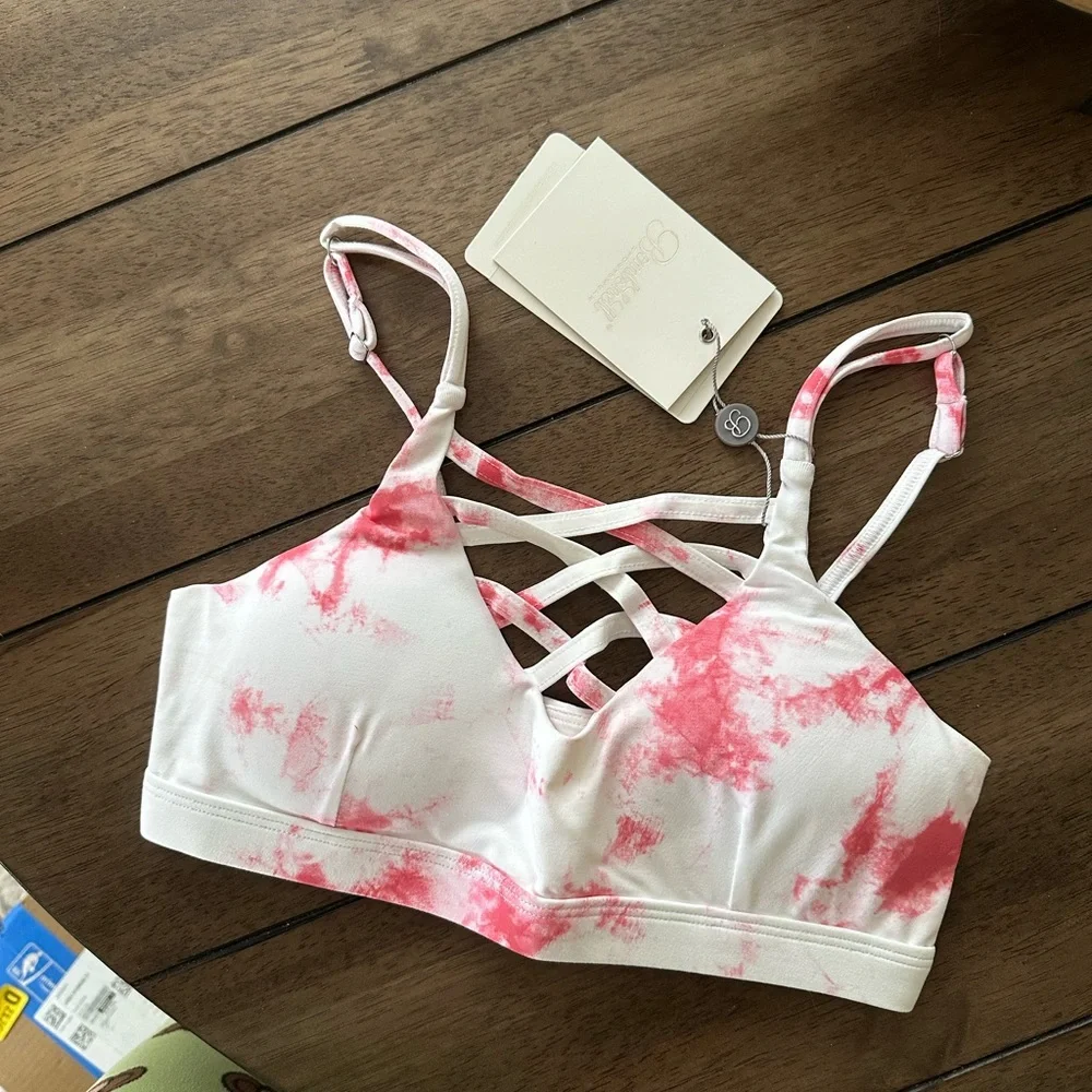 Bombshell Sportswear Pink/White Tie-Dye Sexy Back Leggings & Cross My Heart Bra - Picture 7 of 15
